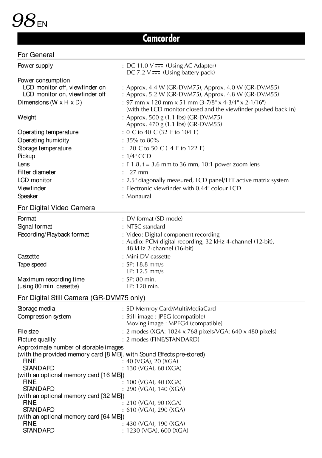 JVC GR-DVM75 specifications 98 EN 