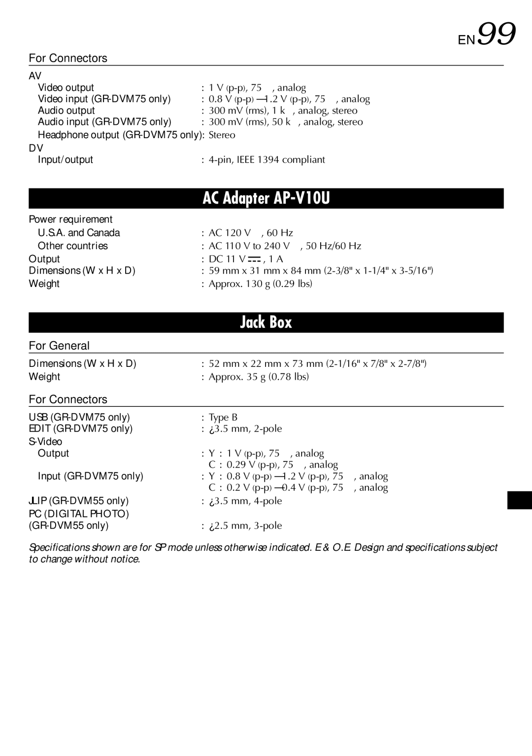 JVC GR-DVM75 specifications EN99 