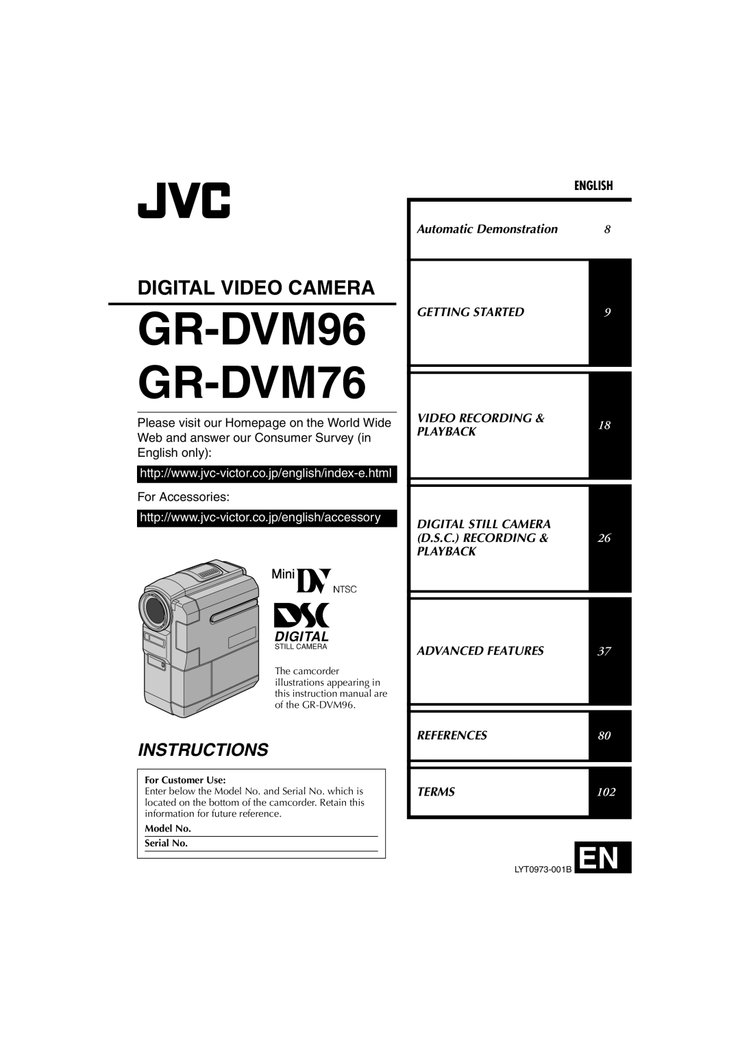 JVC GR-DVM76 instruction manual For Customer Use, Model No Serial No 