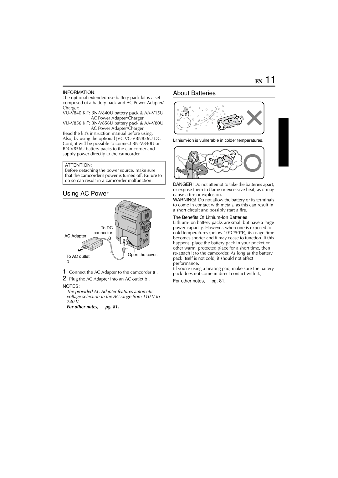 JVC GR-DVM76 instruction manual Using AC Power, About Batteries, For other notes,  pg 