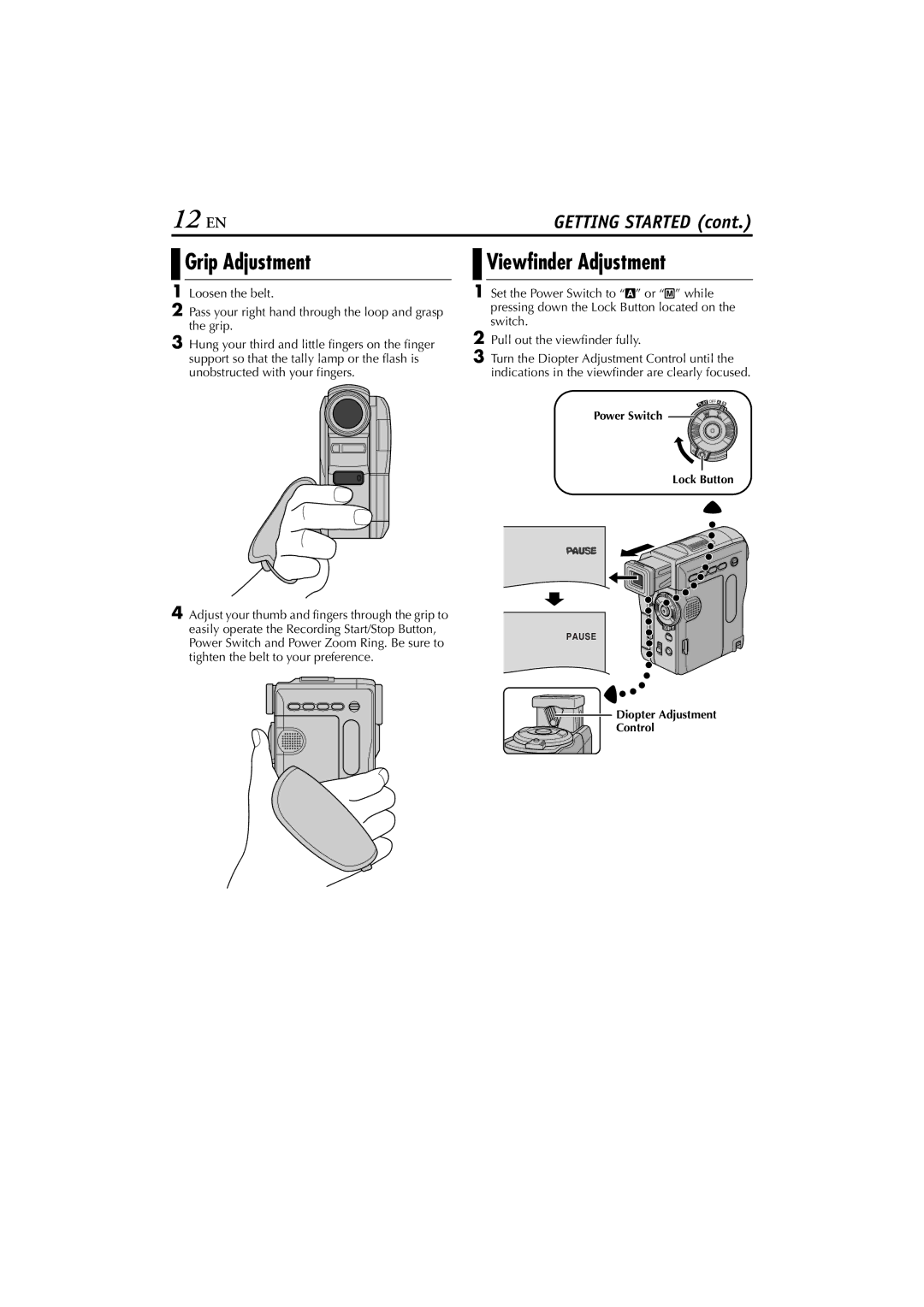 JVC GR-DVM76 instruction manual 12 EN, Grip Adjustment, Viewfinder Adjustment 