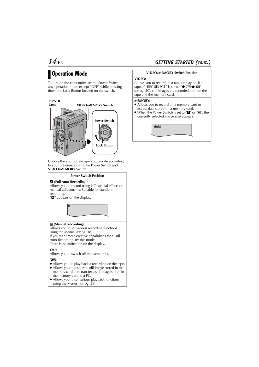 JVC GR-DVM76 instruction manual 14 EN, Operation Mode, Power Switch Position Full Auto Recording, Manual Recording 