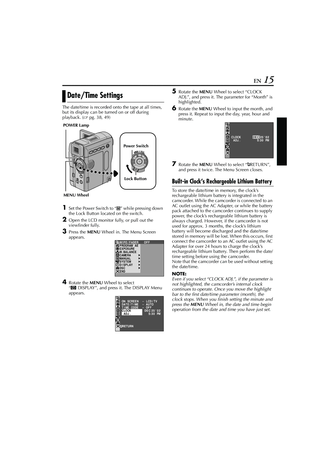 JVC GR-DVM76 instruction manual Date/Time Settings, Built-in Clock’s Rechargeable Lithium Battery 