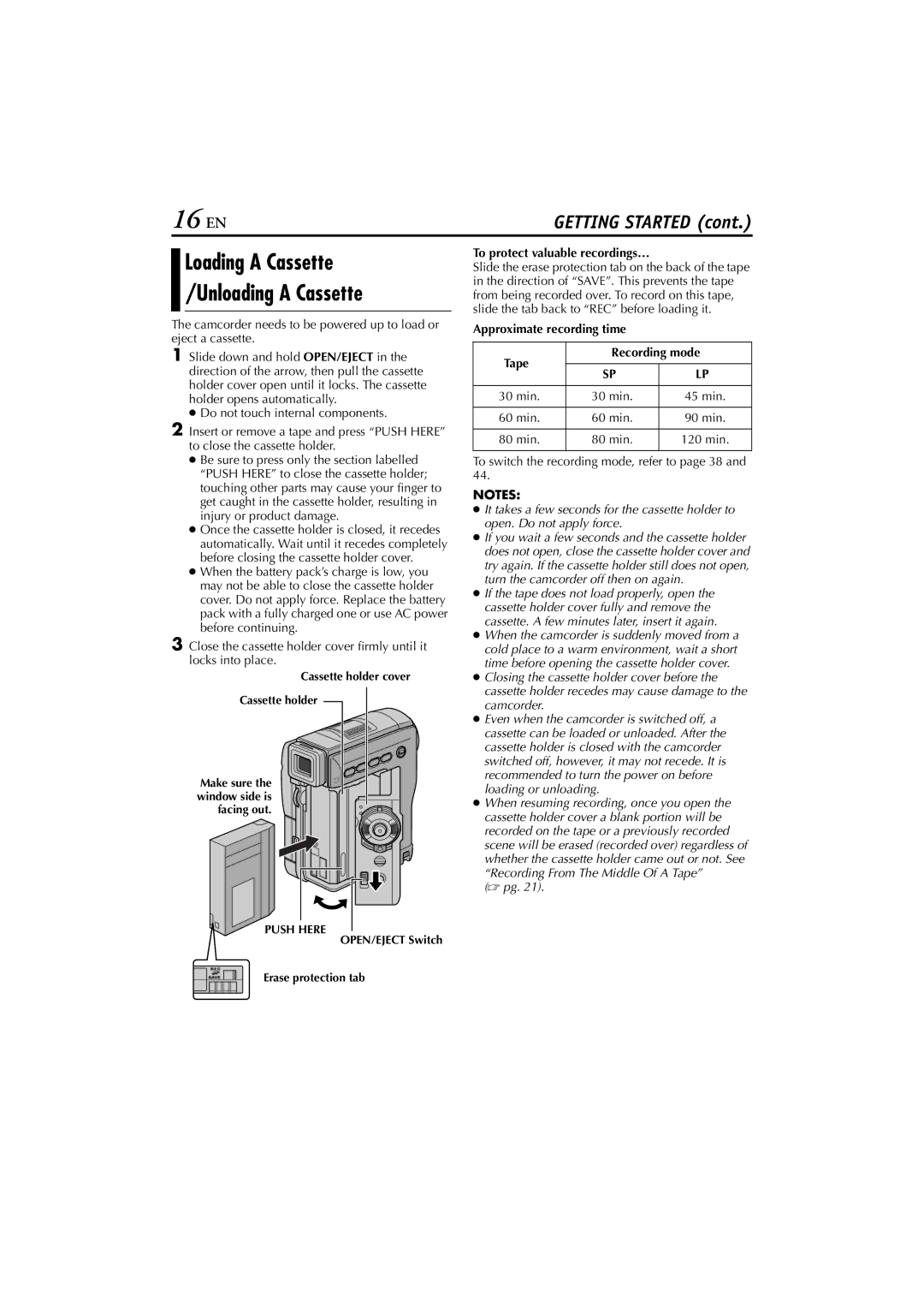 JVC GR-DVM76 instruction manual 16 EN, Loading a Cassette Unloading a Cassette, To protect valuable recordings… 