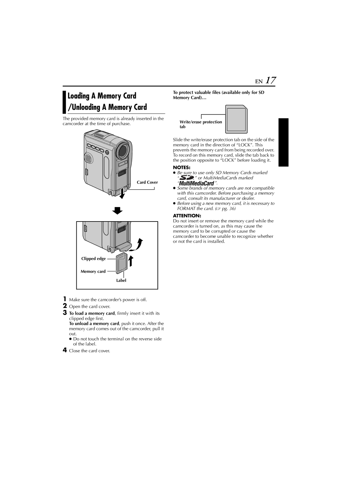 JVC GR-DVM76 instruction manual Make sure the camcorder’s power is off Open the card cover 