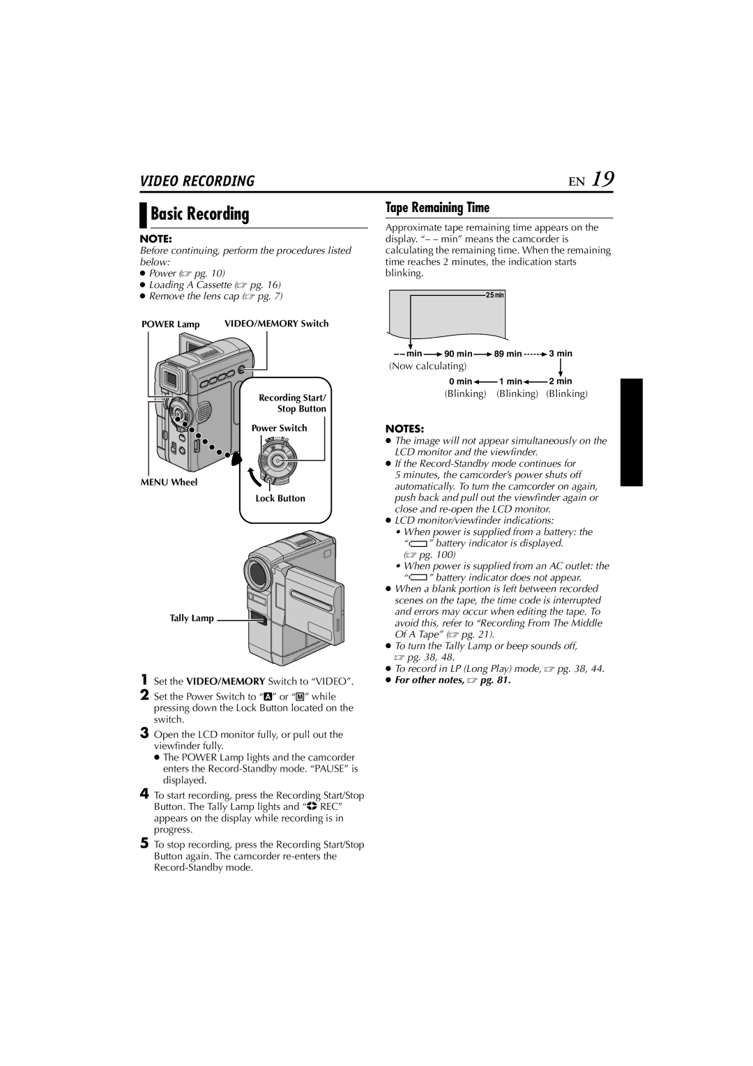 JVC GR-DVM76 instruction manual Basic Recording, Tape Remaining Time, Now calculating, Blinking Blinking Blinking 