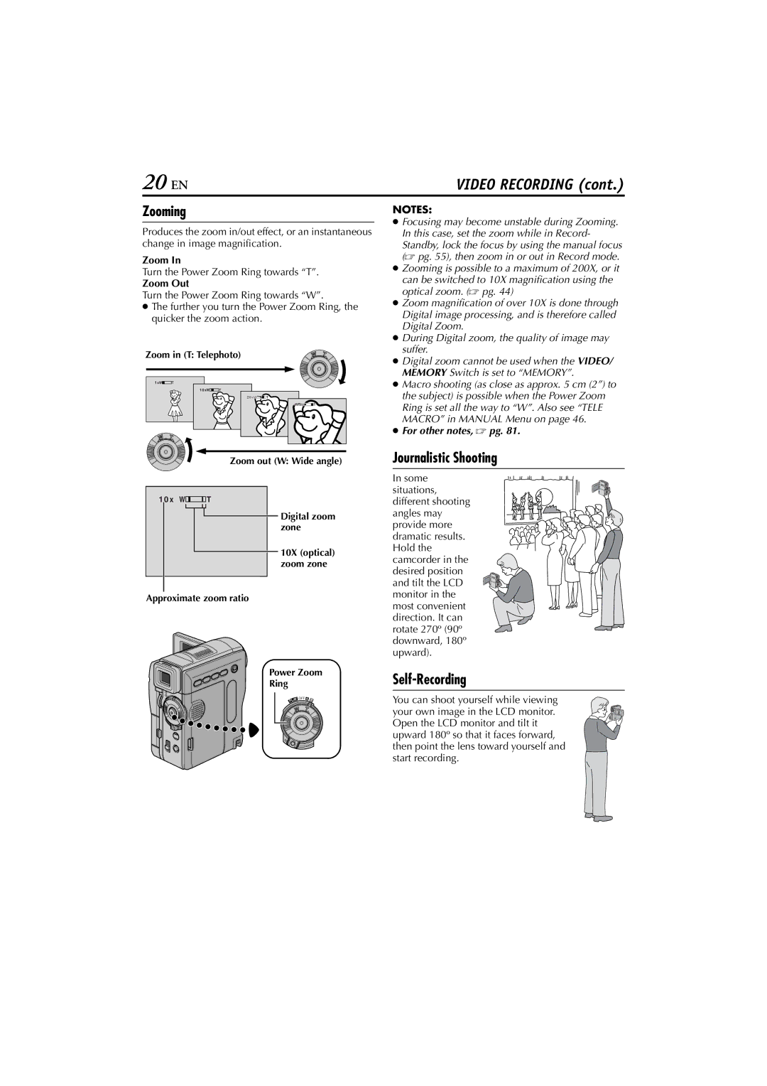 JVC GR-DVM76 instruction manual 20 EN, Zooming, Journalistic Shooting, Self-Recording 