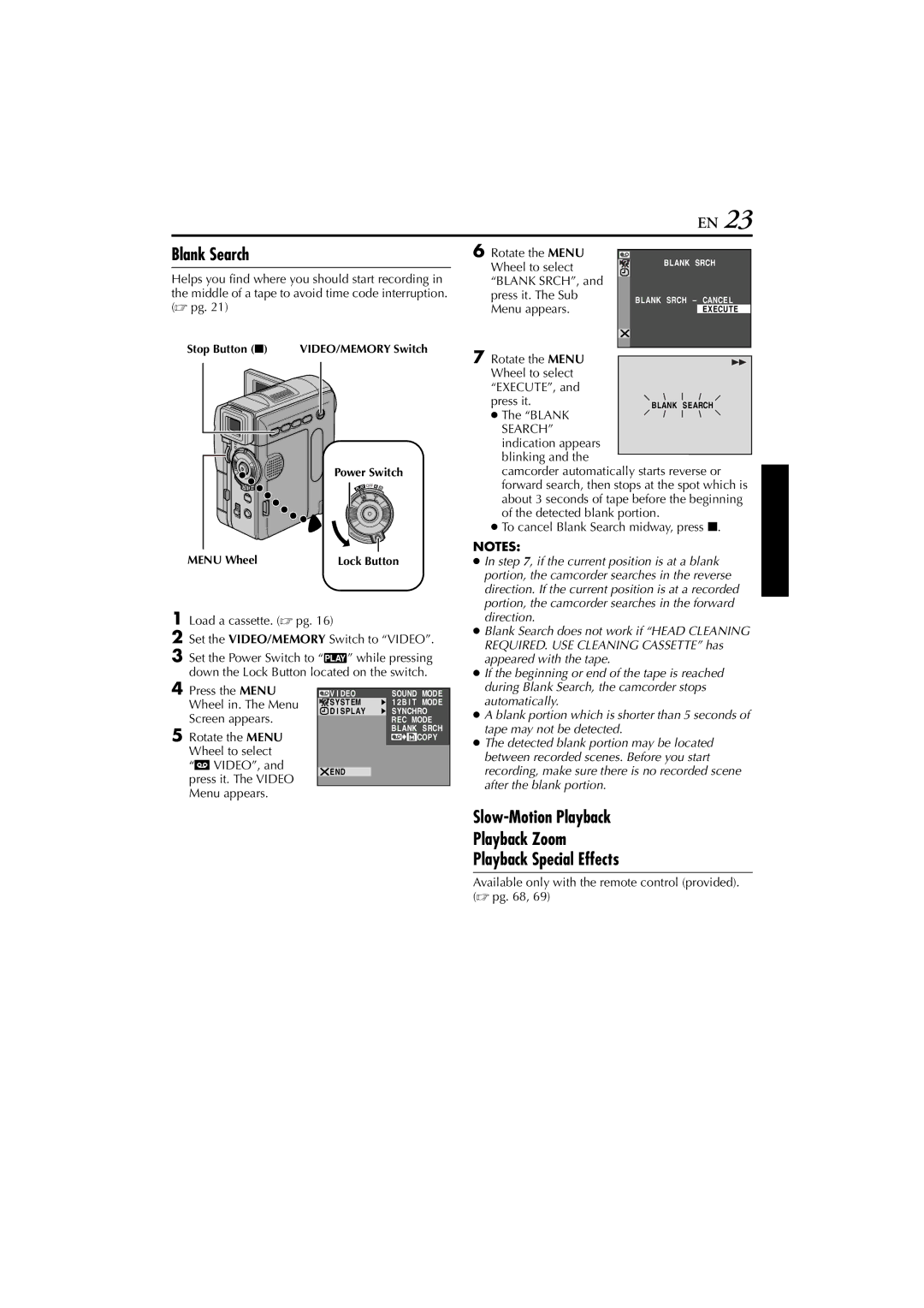 JVC GR-DVM76 instruction manual Blank Search, Slow-Motion Playback Playback Zoom Playback Special Effects 