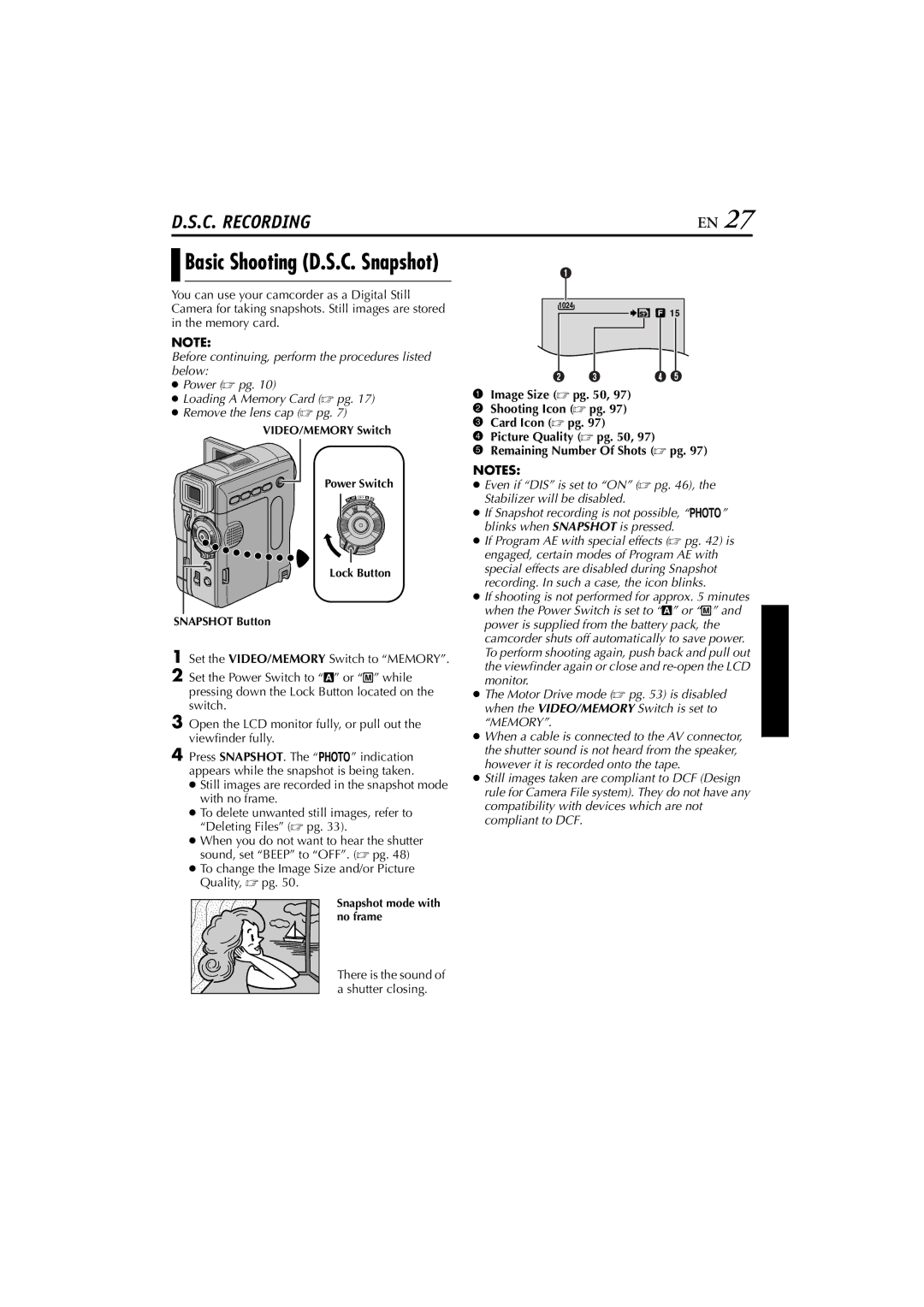 JVC GR-DVM76 instruction manual Basic Shooting D.S.C. Snapshot, To change the Image Size and/or Picture Quality,  pg 