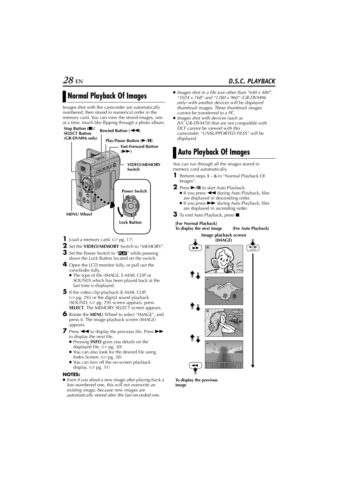 JVC GR-DVM76 instruction manual 28 EN, Auto Playback Of Images, Image playback screen 