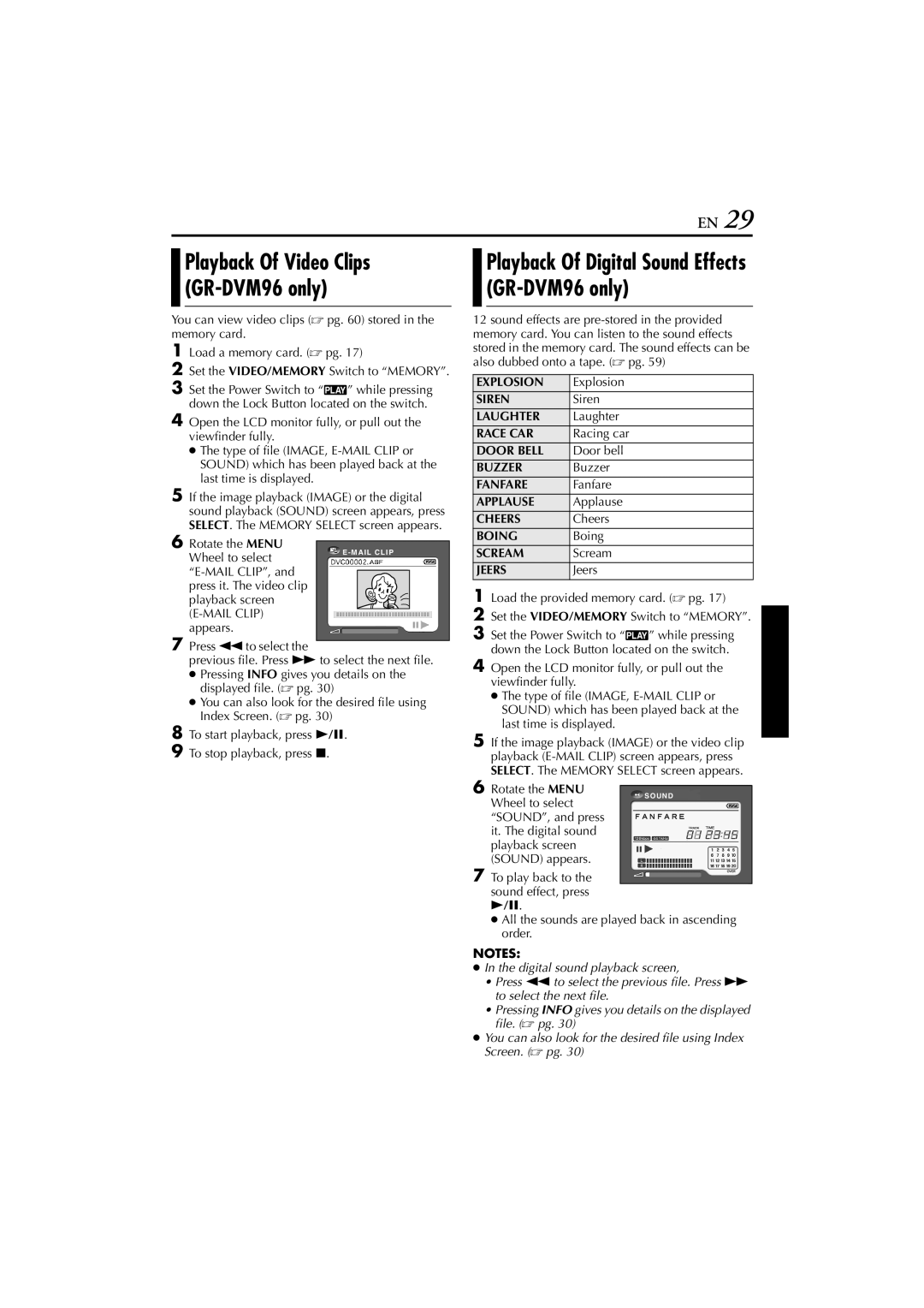 JVC GR-DVM76 instruction manual Playback Of Video Clips GR-DVM96 only 