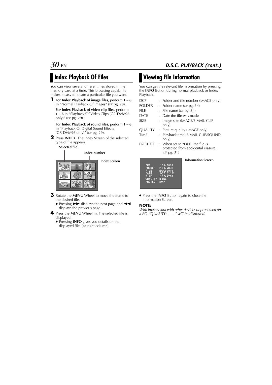 JVC GR-DVM76 30 EN, Index Playback Of Files, Viewing File Information, For Index Playback of video clip files, perform 