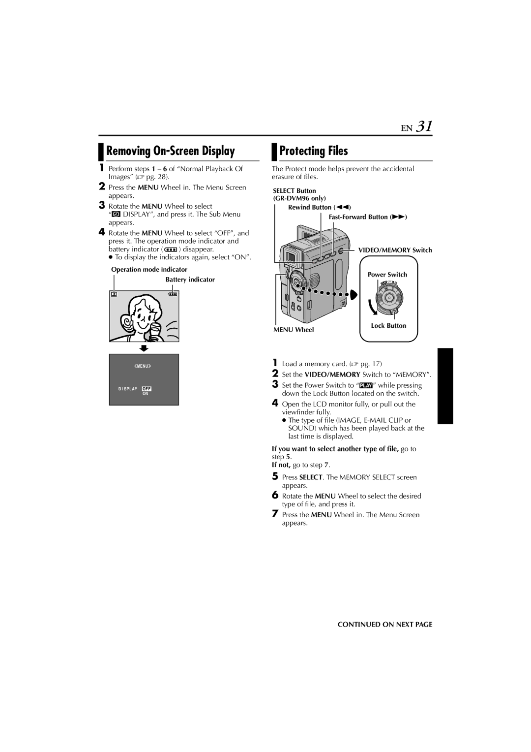 JVC GR-DVM76 instruction manual Protecting Files, Protect mode helps prevent the accidental erasure of files 