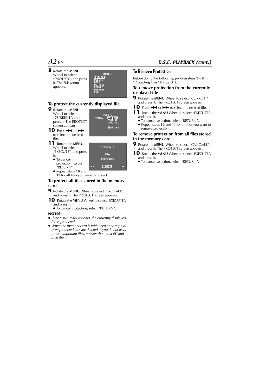 JVC GR-DVM76 instruction manual 32 EN, To Remove Protection, To protect the currently displayed file 