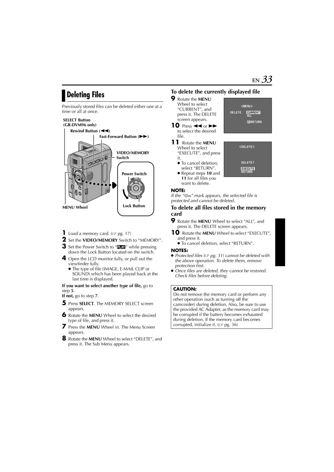 JVC GR-DVM76 Deleting Files, To delete the currently displayed file, To delete all files stored in the memory card 