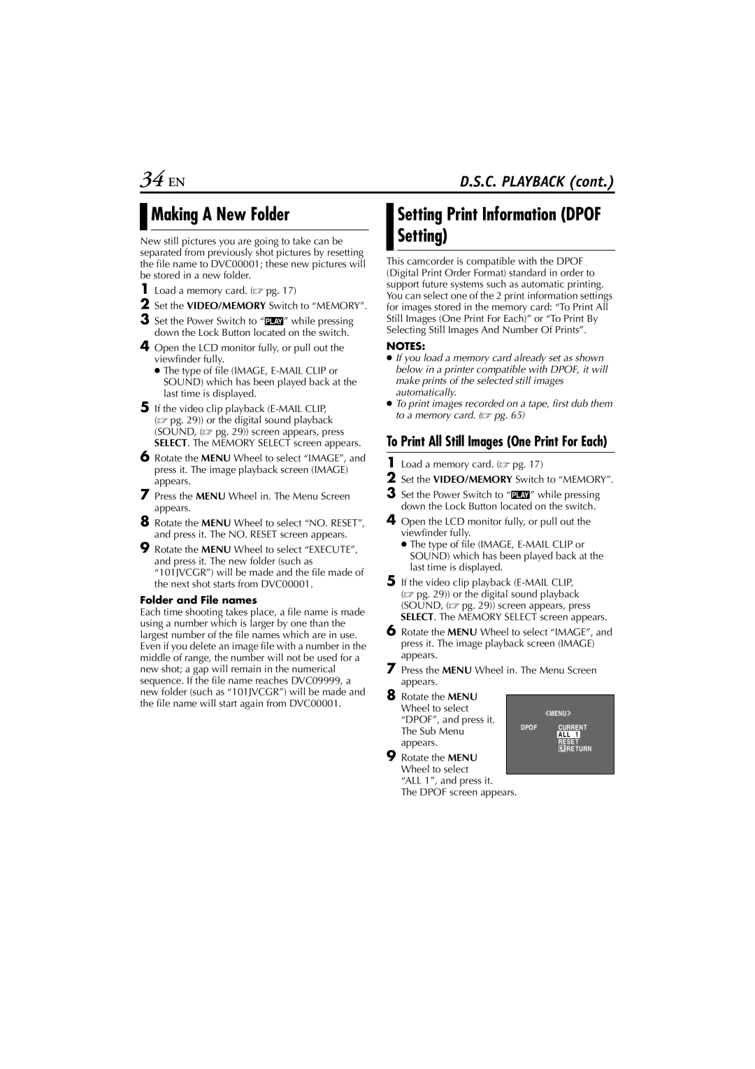 JVC GR-DVM76 instruction manual 34 EN, Making a New Folder, Folder and File names 