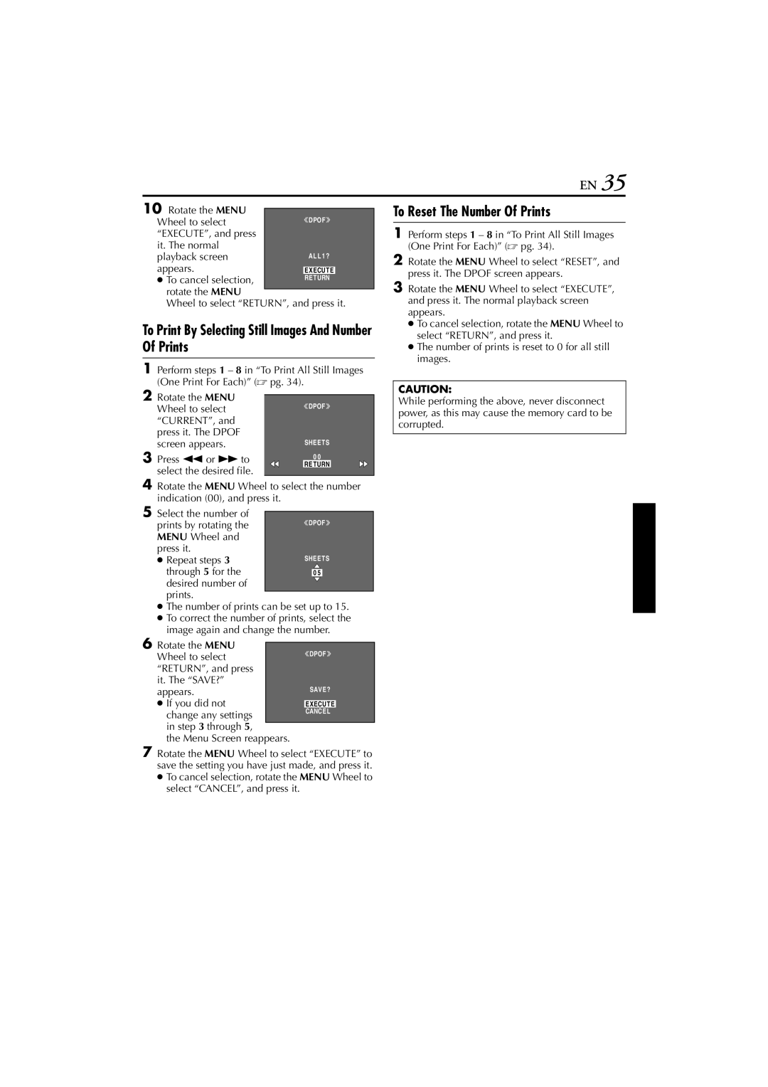 JVC GR-DVM76 instruction manual To Print By Selecting Still Images And Number Of Prints, To Reset The Number Of Prints 