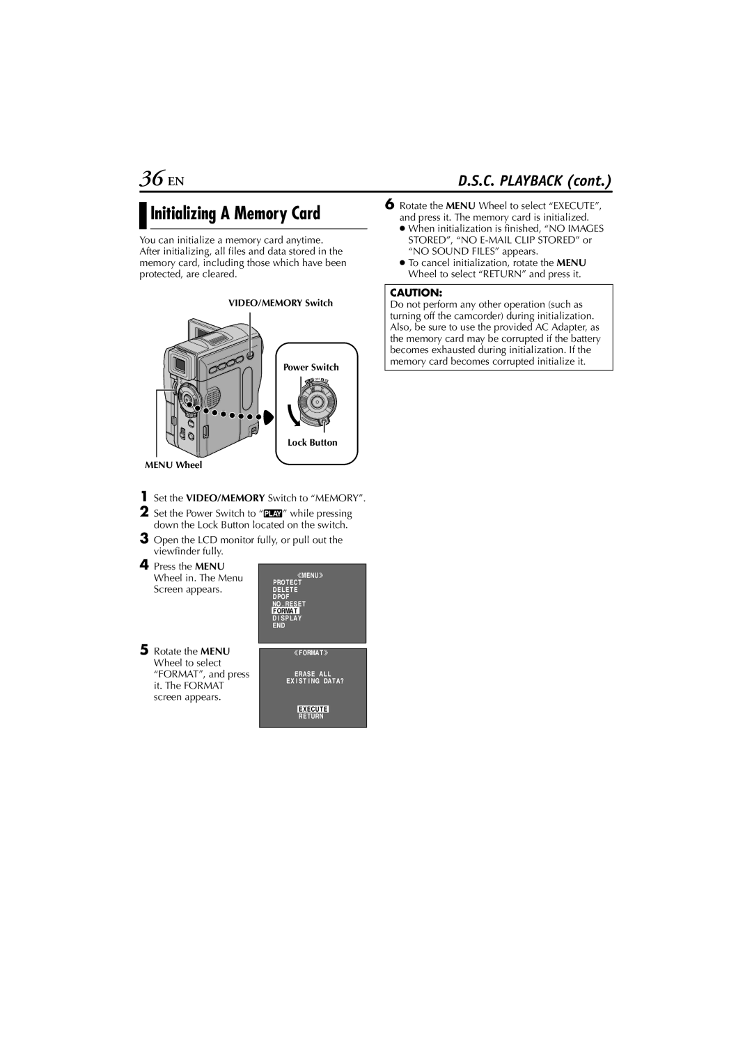 JVC GR-DVM76 instruction manual 36 EN, Initializing a Memory Card 