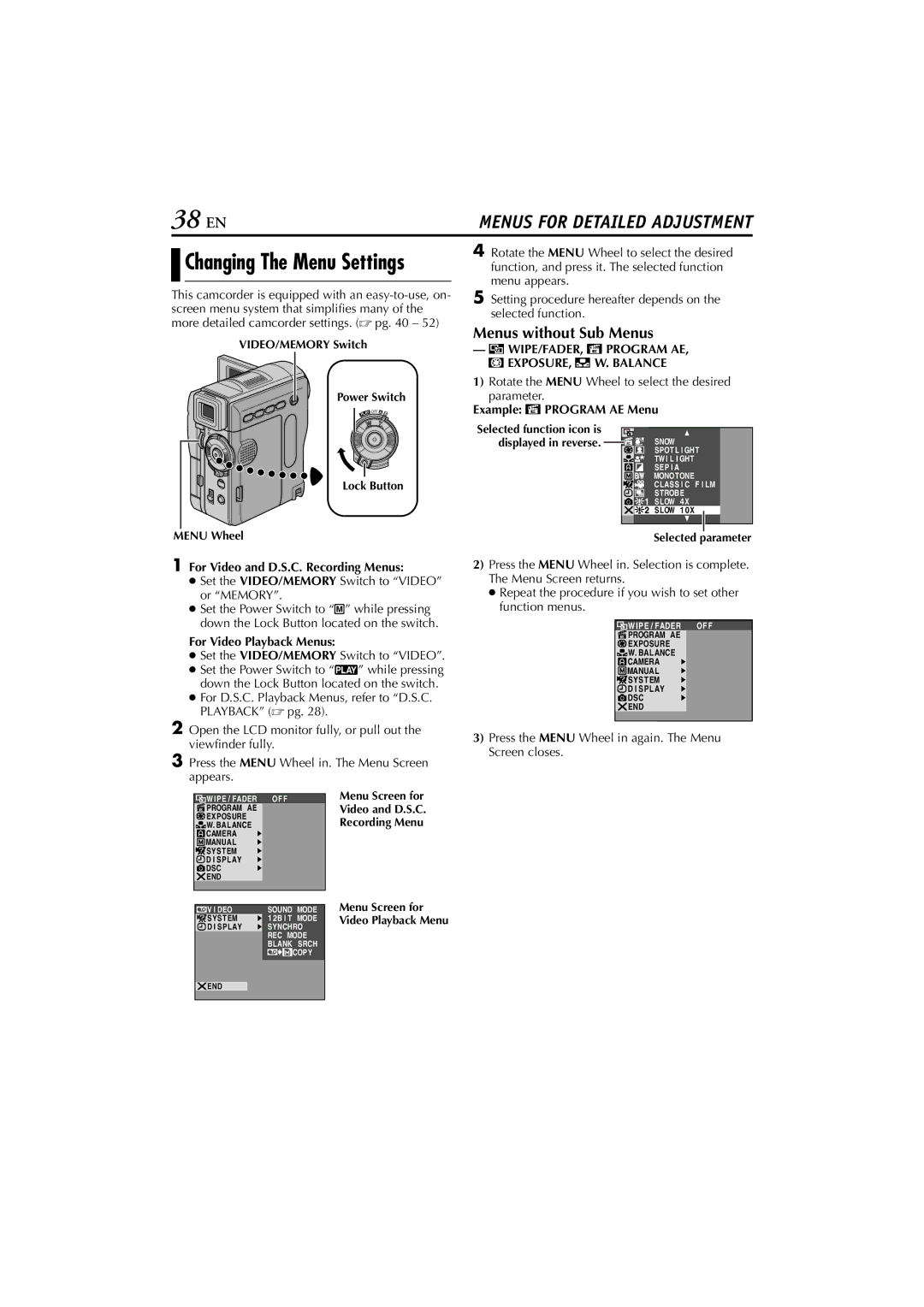 JVC GR-DVM76 instruction manual 38 EN, Menus without Sub Menus 