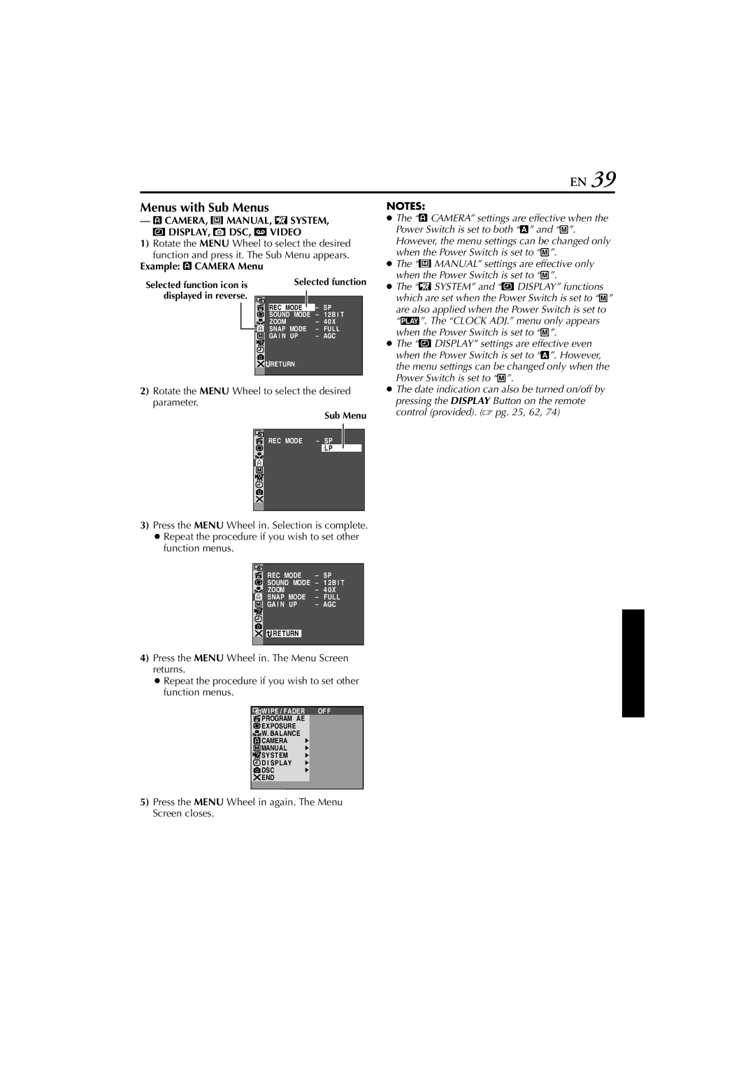 JVC GR-DVM76 Menus with Sub Menus, CAMERA, q MANUAL, s SYSTEM, n DISPLAY, o DSC, t Video, Example m Camera Menu 