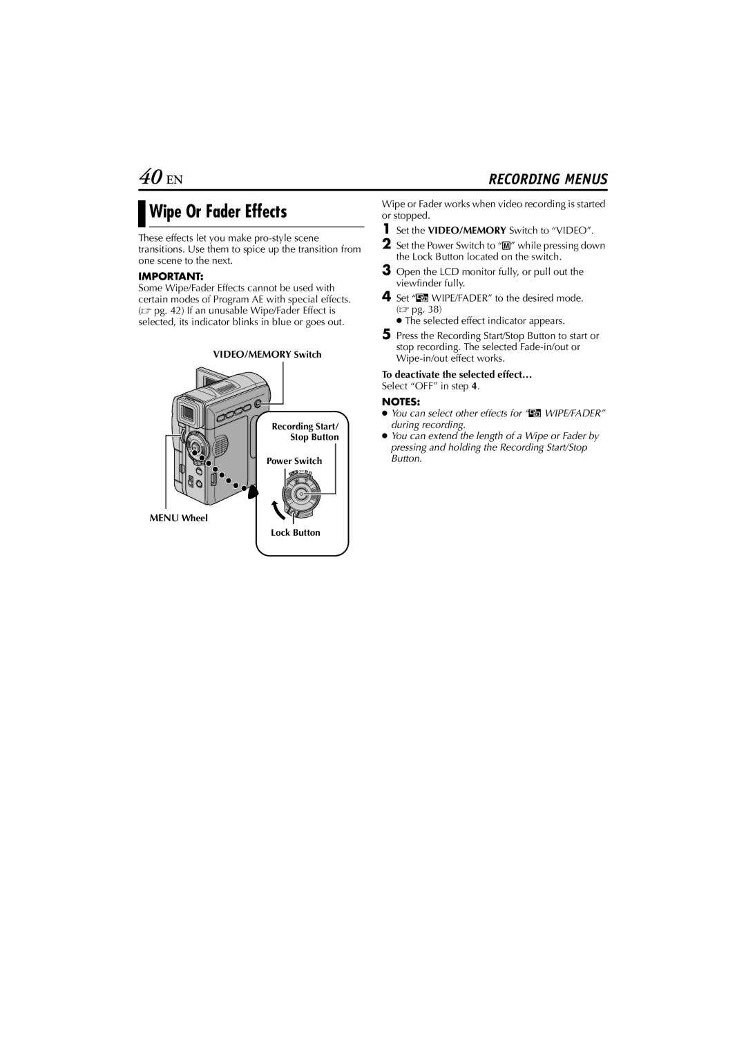 JVC GR-DVM76 40 EN, Wipe Or Fader Effects, VIDEO/MEMORY Switch, Menu Wheel, To deactivate the selected effect… 