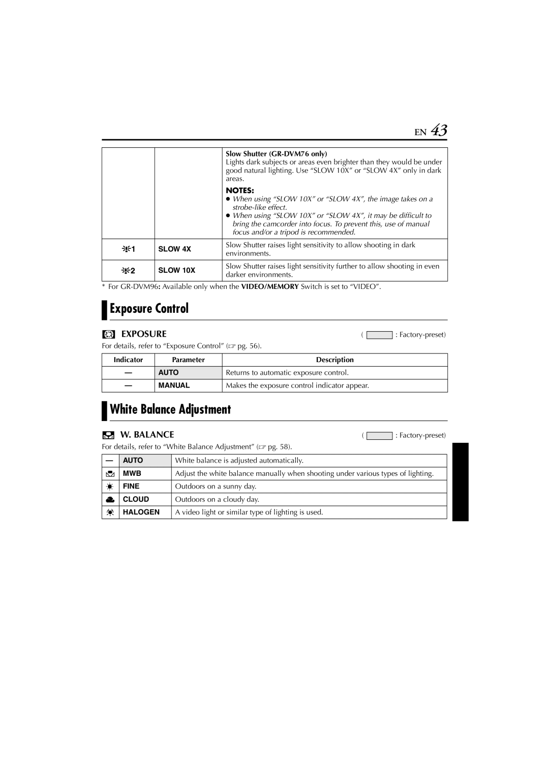 JVC GR-DVM76 instruction manual Exposure Control, White Balance Adjustment 