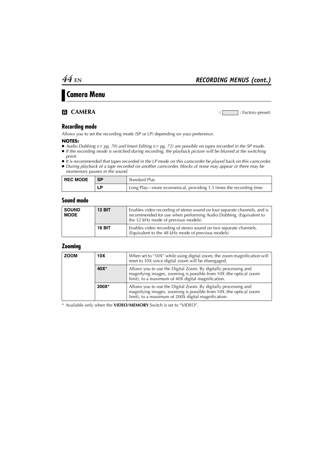 JVC GR-DVM76 instruction manual 44 EN, Camera Menu, Recording mode, Sound mode 