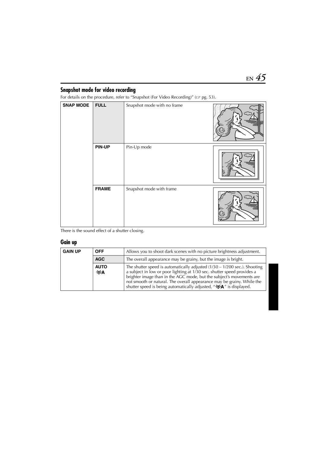 JVC GR-DVM76 instruction manual Snapshot mode for video recording, Gain up 