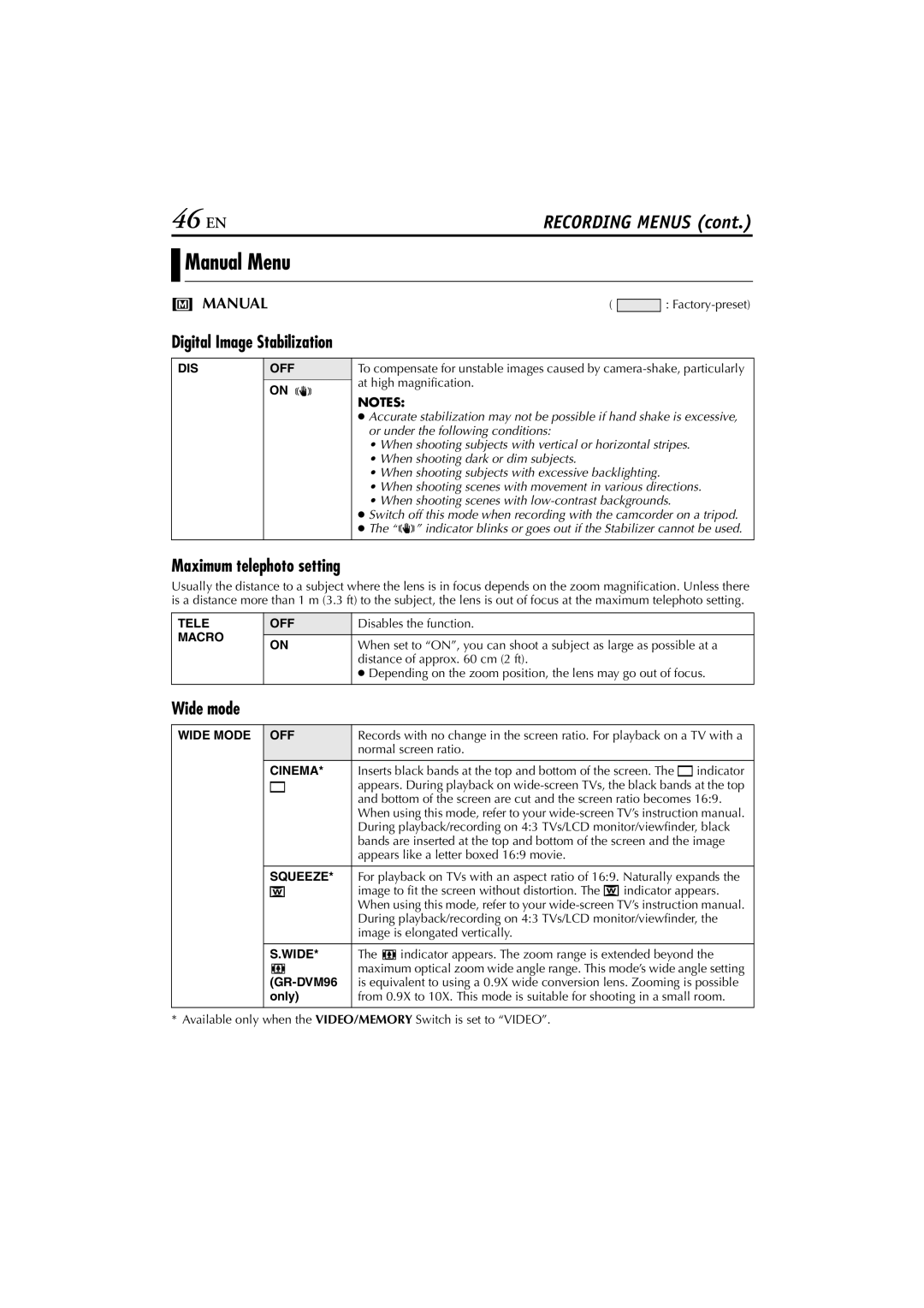 JVC GR-DVM76 instruction manual 46 EN, Manual Menu, Digital Image Stabilization, Maximum telephoto setting, Wide mode 