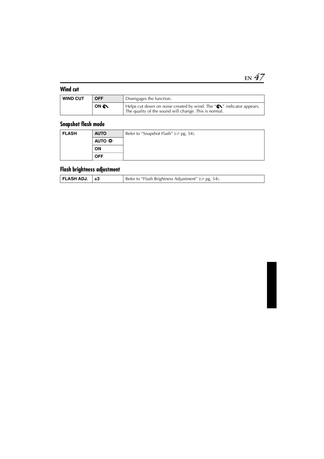 JVC GR-DVM76 instruction manual Wind cut, Snapshot flash mode, Flash brightness adjustment 