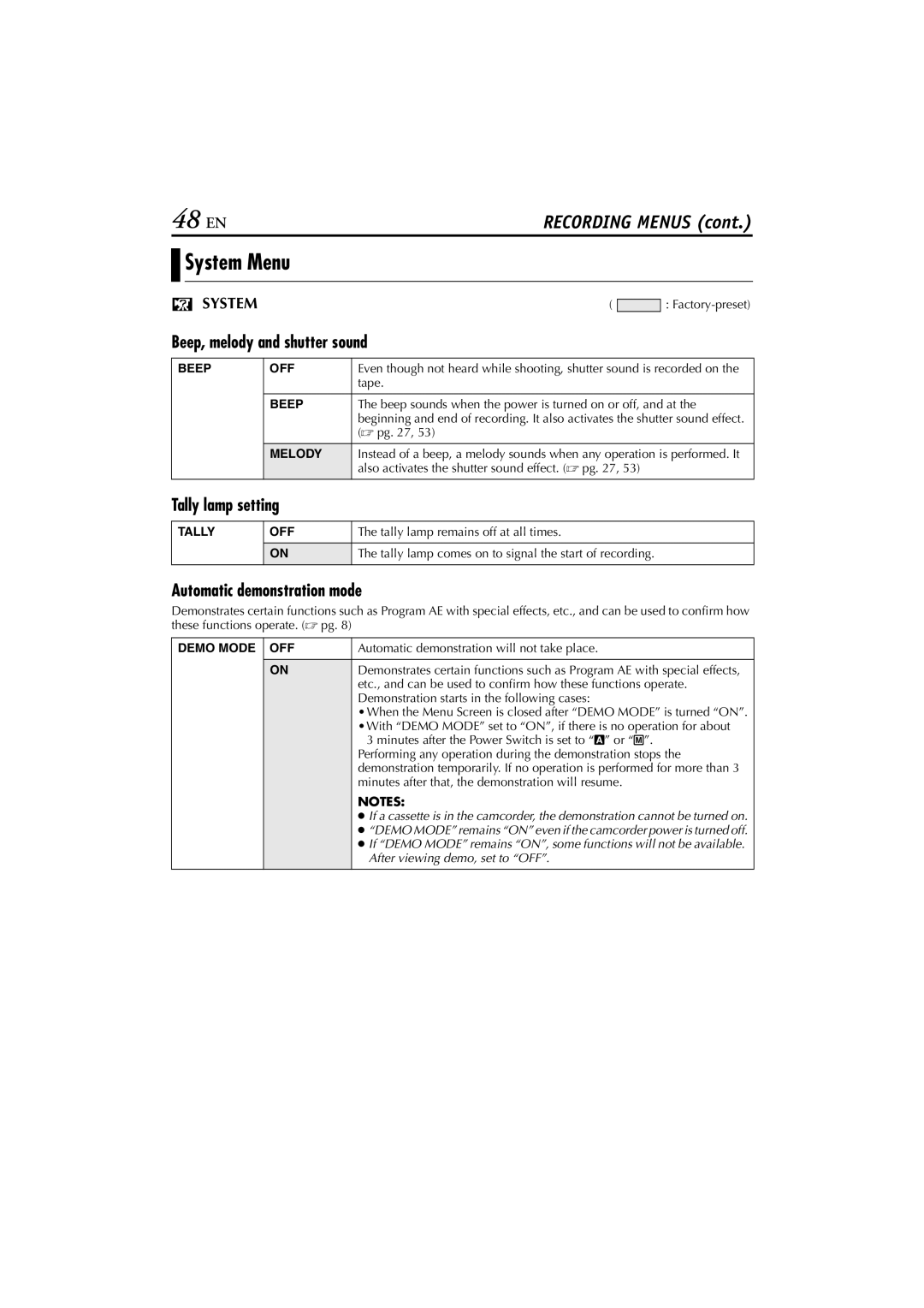 JVC GR-DVM76 48 EN, System Menu, Beep, melody and shutter sound, Tally lamp setting, Automatic demonstration mode 