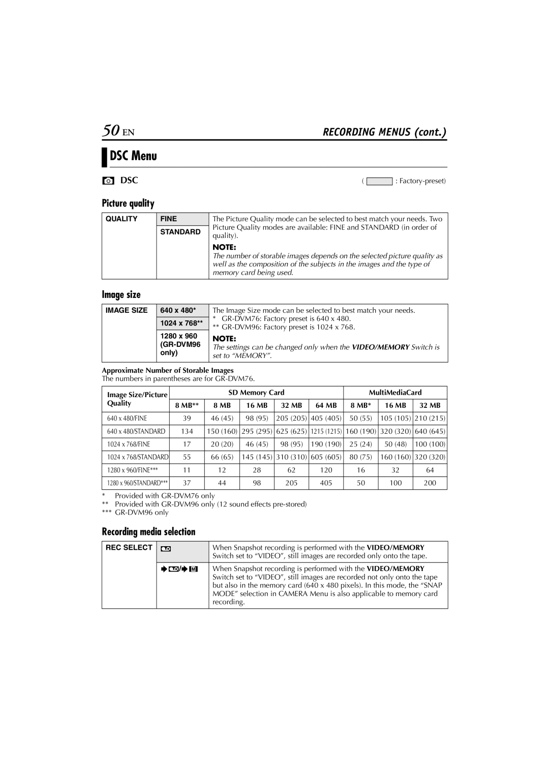 JVC GR-DVM76 instruction manual 50 EN, Image size, Recording media selection 