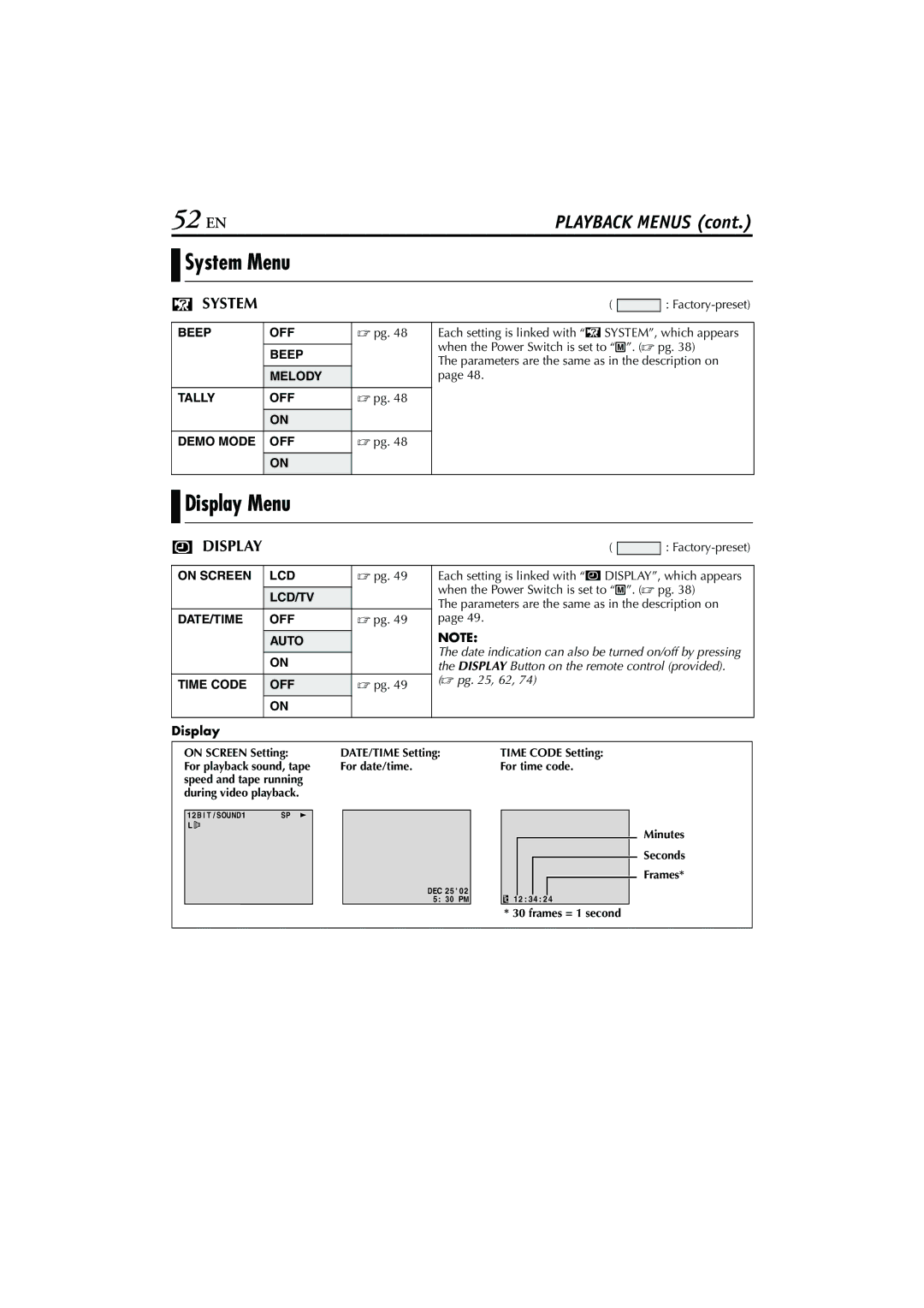 JVC GR-DVM76 instruction manual 52 EN, Melody Tally OFF Demo Mode, DATE/TIME OFF Auto, Display 