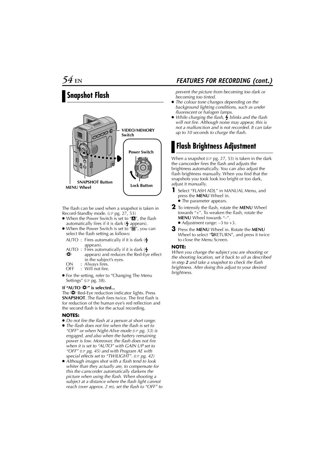 JVC GR-DVM76 instruction manual 54 EN, Snapshot Flash, If Auto C is selected 