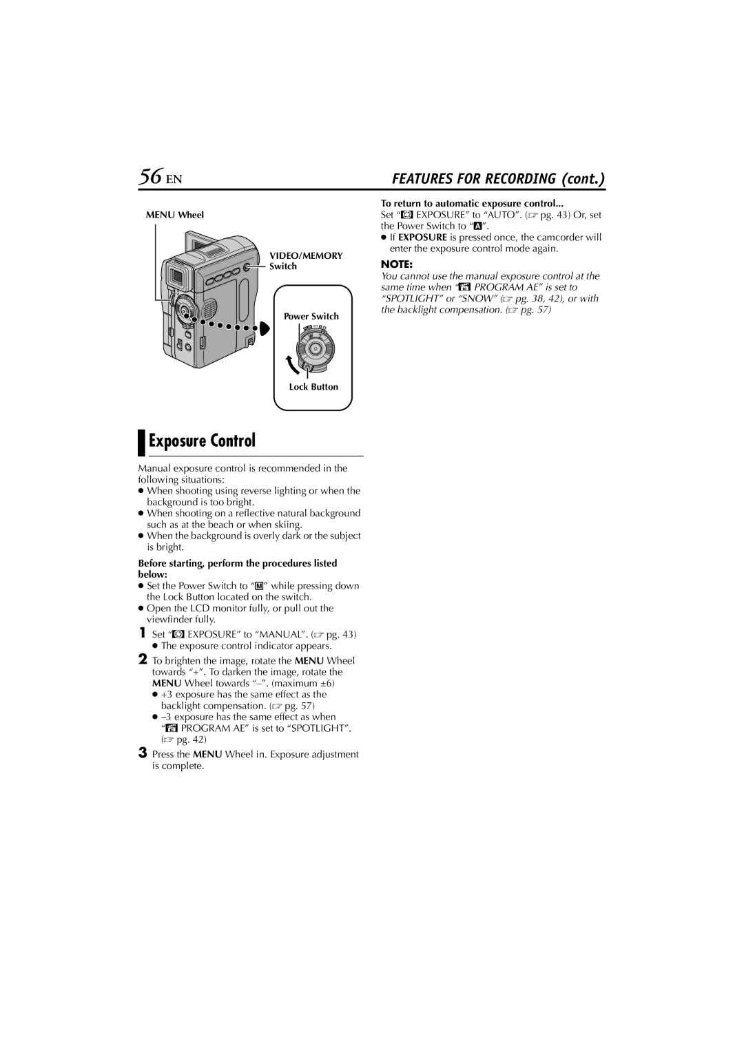 JVC GR-DVM76 56 EN, To return to automatic exposure control, When the background is overly dark or the subject is bright 