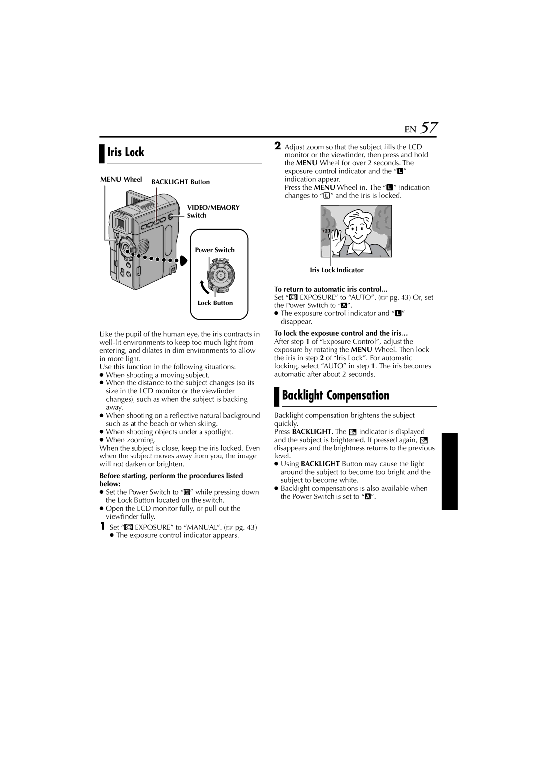 JVC GR-DVM76 instruction manual Iris Lock, Backlight Compensation, To return to automatic iris control 