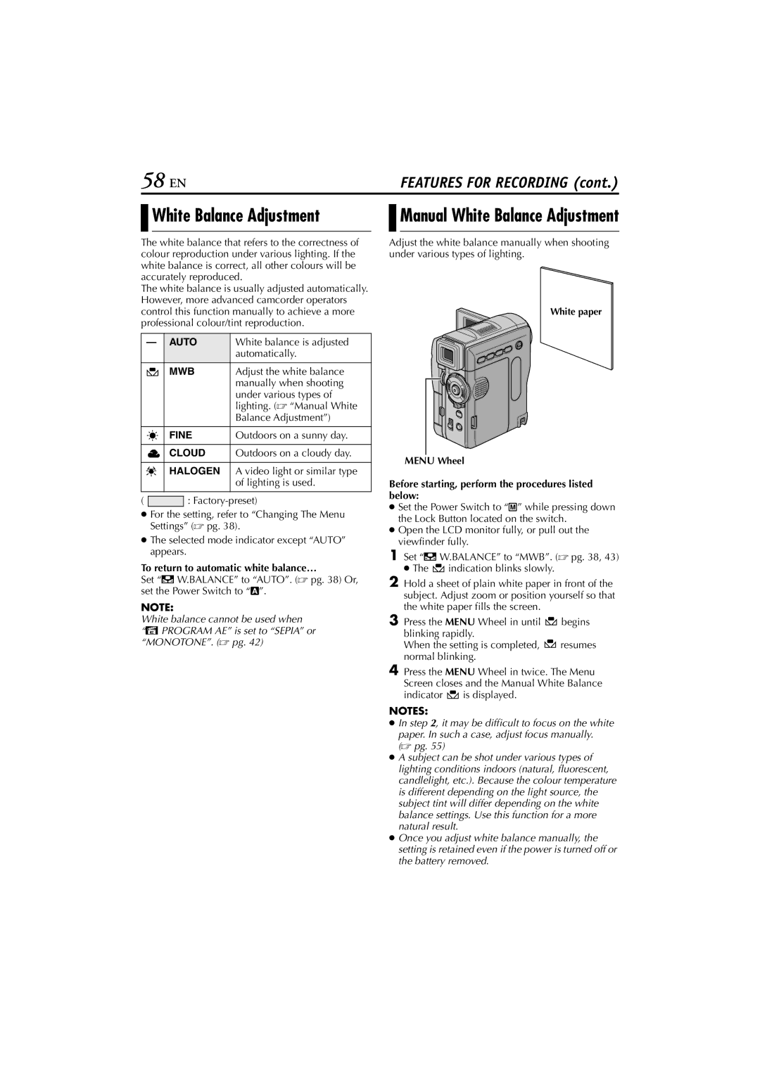 JVC GR-DVM76 instruction manual 58 EN, To return to automatic white balance… 