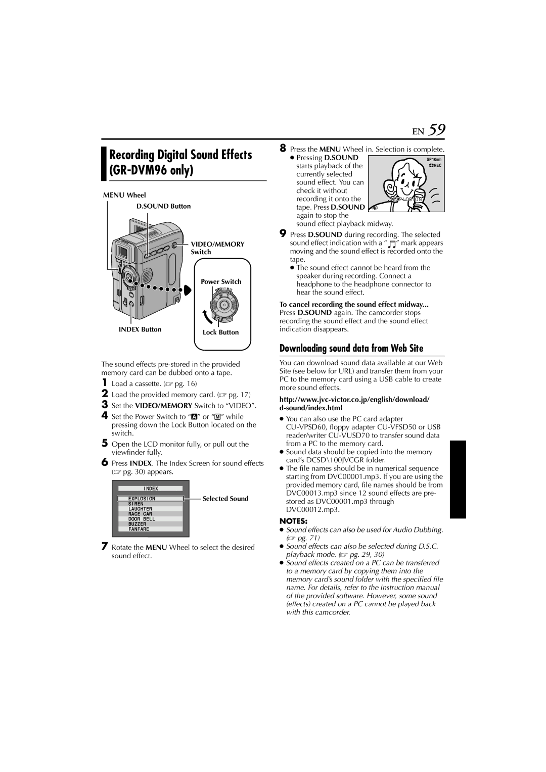 JVC GR-DVM76 instruction manual Downloading sound data from Web Site, To cancel recording the sound effect midway 