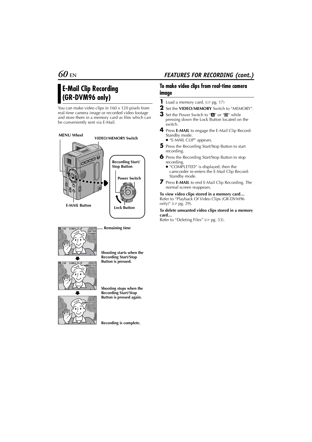 JVC GR-DVM76 instruction manual 60 EN, To make video clips from real-time camera image, Mail Clip Recording GR-DVM96 only 