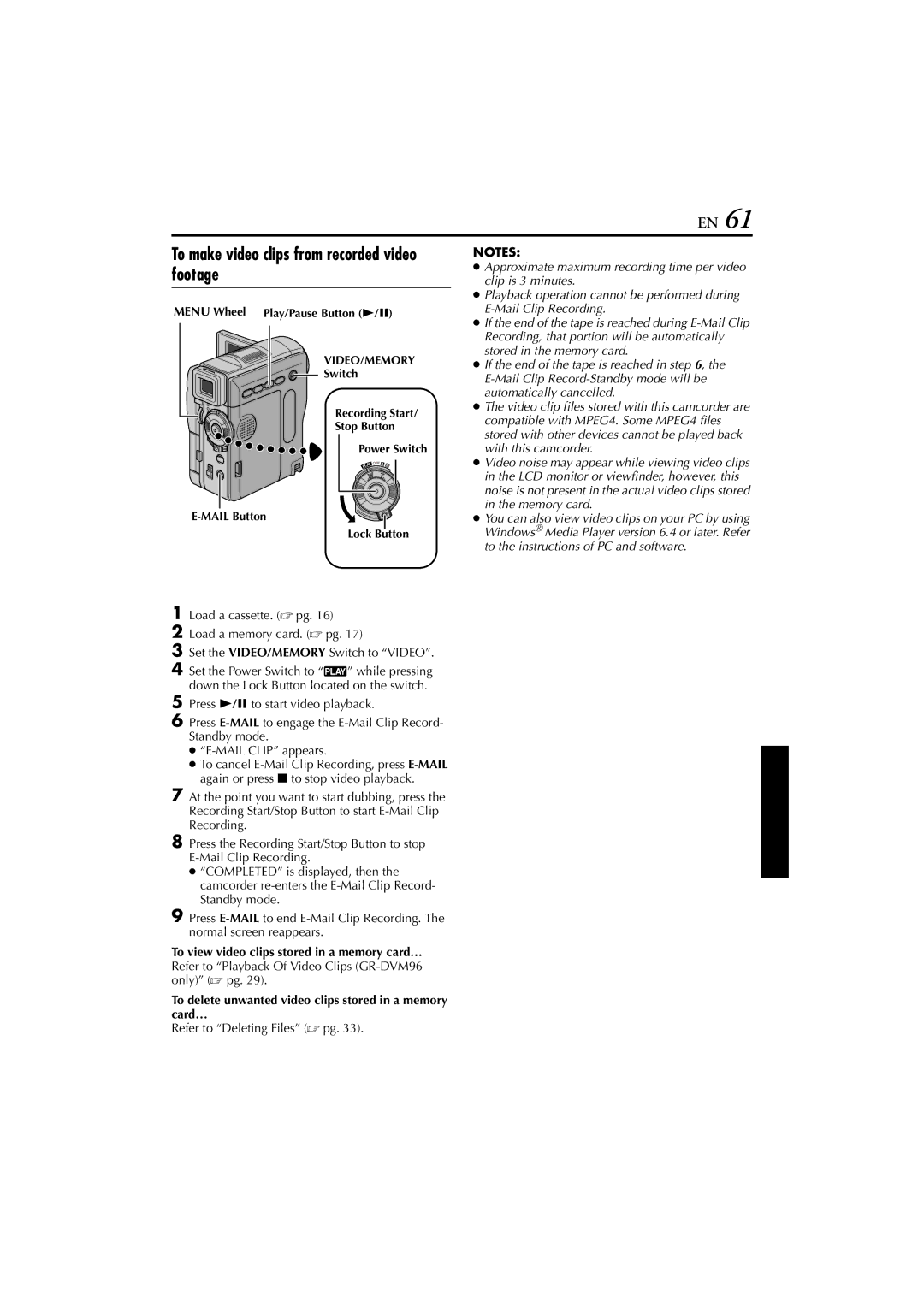 JVC GR-DVM76 instruction manual To make video clips from recorded video footage 