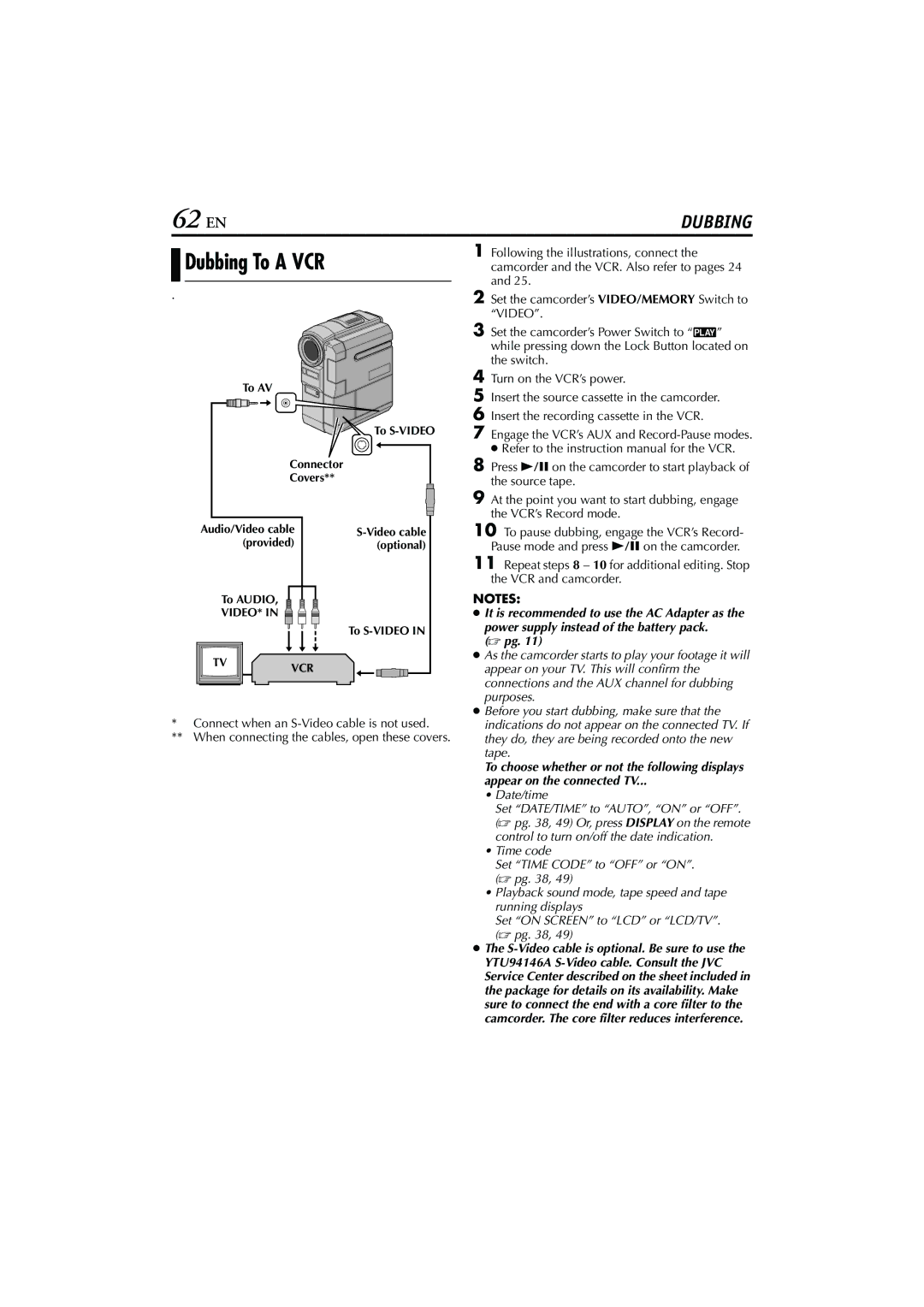 JVC GR-DVM76 instruction manual 62 EN, Dubbing To a VCR 