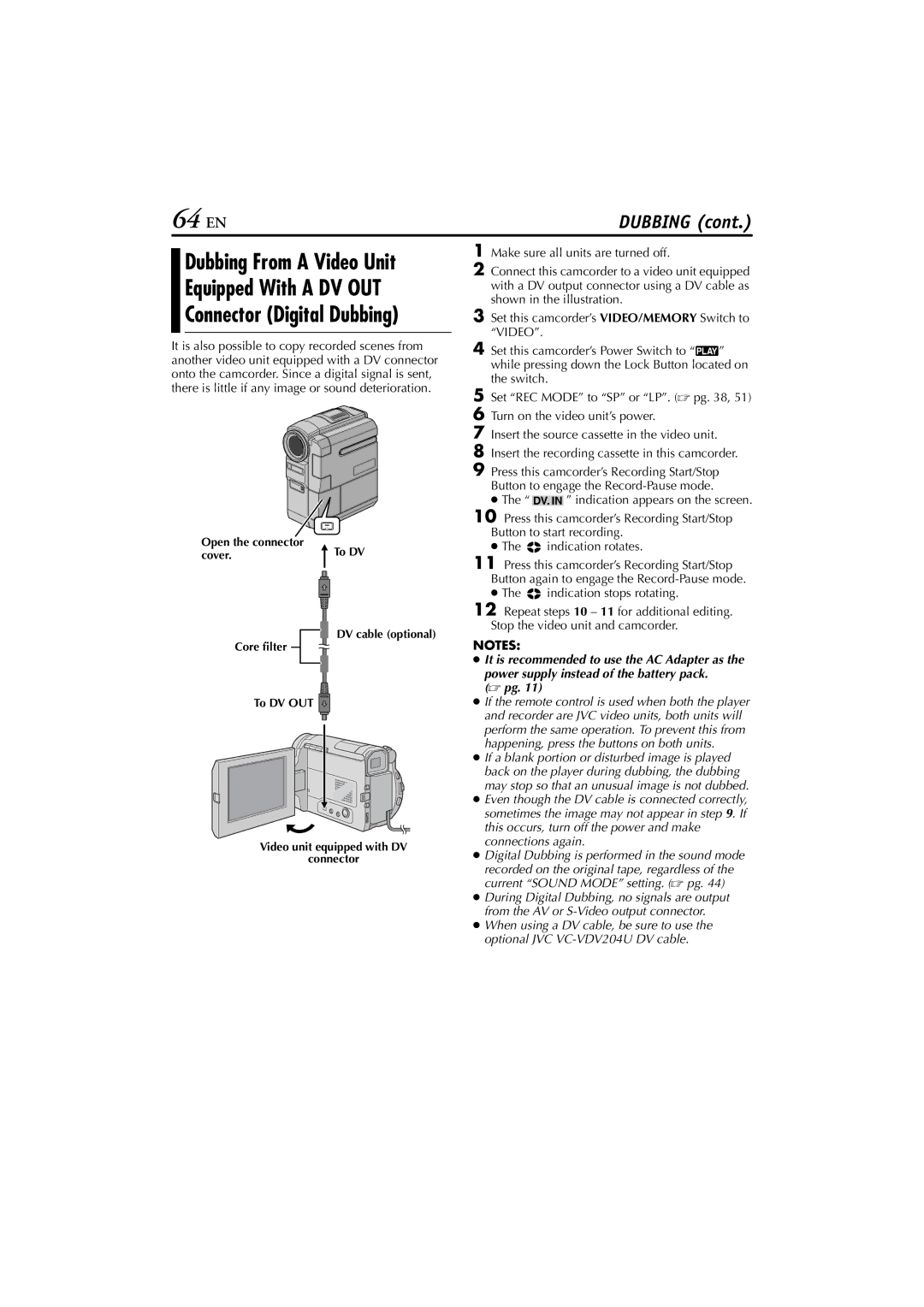 JVC GR-DVM76 instruction manual 64 EN, Equipped With a DV OUT 