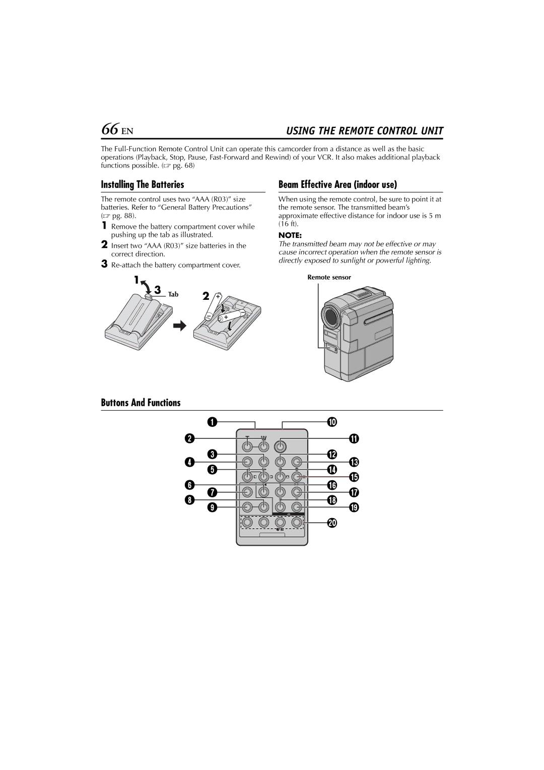 JVC GR-DVM76 instruction manual 66 EN, Installing The Batteries, Beam Effective Area indoor use, Buttons And Functions 