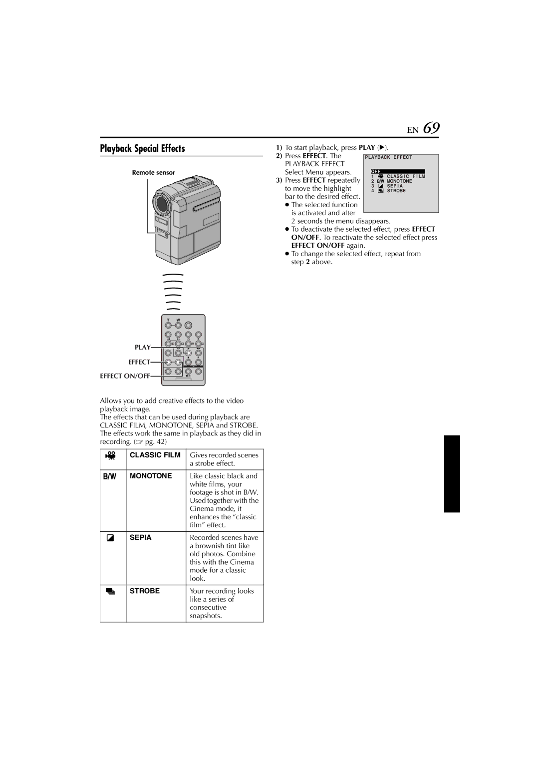 JVC GR-DVM76 instruction manual Press EFFECT, Select Menu appears, To move the highlight 