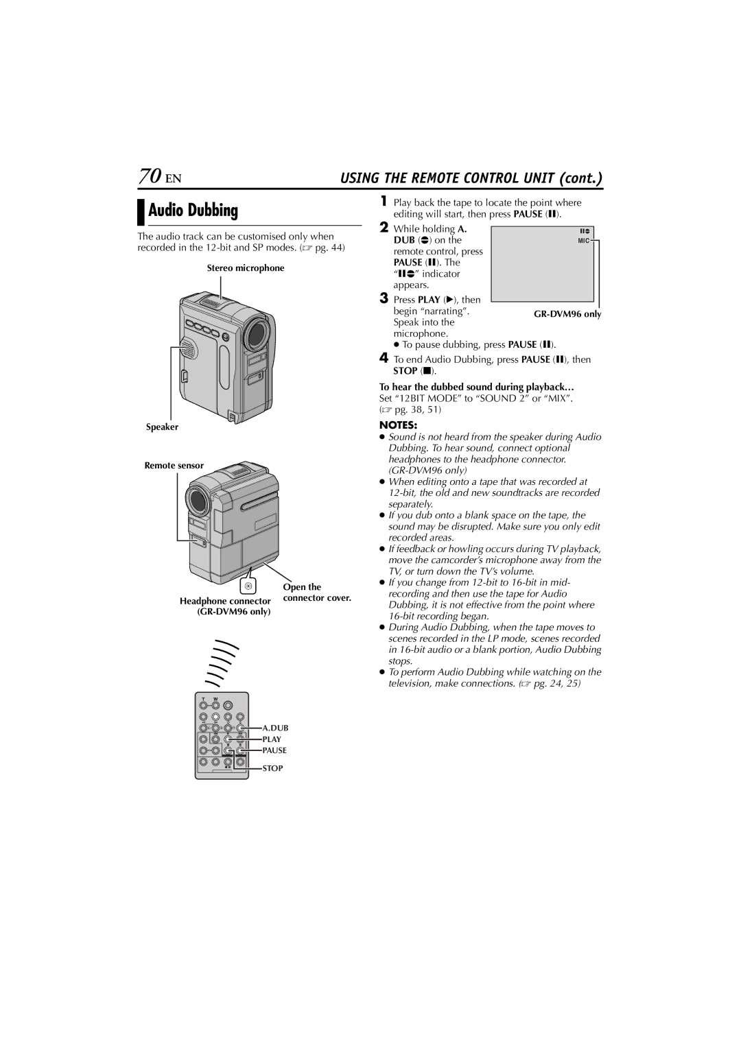 JVC GR-DVM76 instruction manual 70 EN, Audio Dubbing 