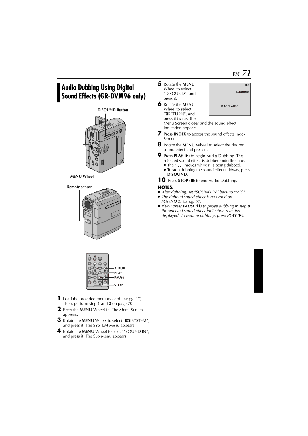 JVC GR-DVM76 instruction manual Audio Dubbing Using Digital Sound Effects GR-DVM96 only, SOUND, Press it Rotate the Menu 