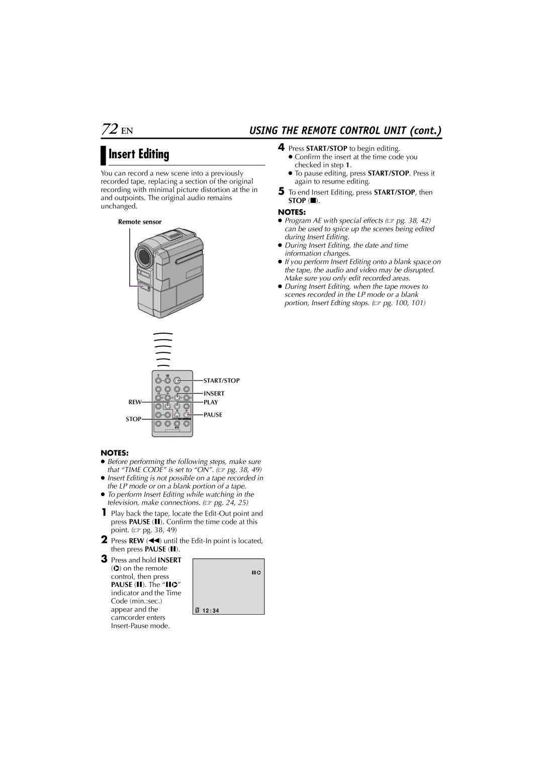 JVC GR-DVM76 instruction manual 72 EN, Insert Editing 