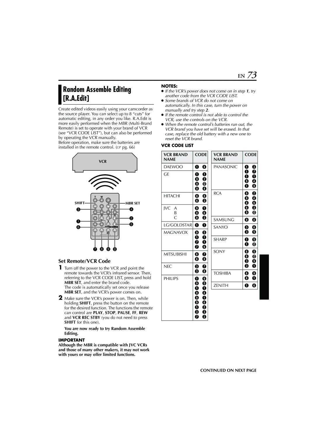 JVC GR-DVM76 Random Assemble Editing R.A.Edit, Set Remote/VCR Code, You are now ready to try Random Assemble Editing 