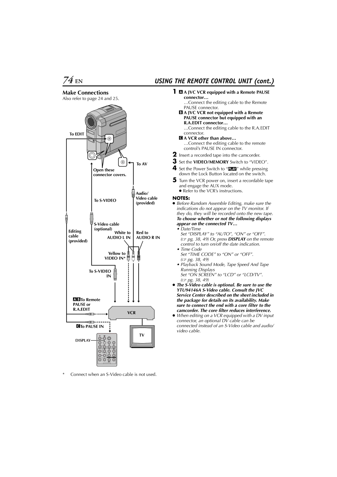 JVC GR-DVM76 74 EN, Make Connections, A JVC VCR equipped with a Remote Pause connector…, VCR other than above… 