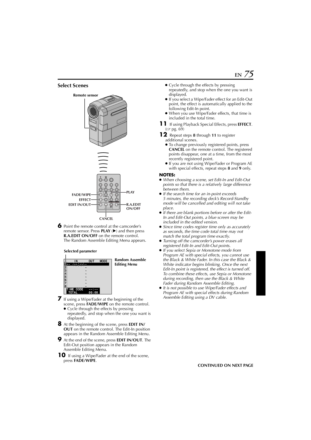 JVC GR-DVM76 instruction manual Select Scenes, If the search time for an in-point exceeds 